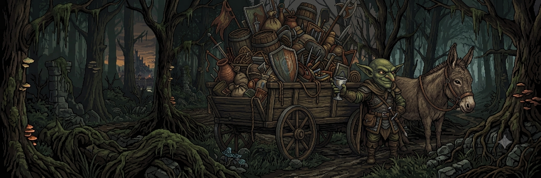 A goblin merchant standing beside an overloaded supply wagon